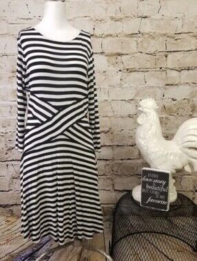 Saks 5th Avenue Black White Striped Midi Dress Stretch Neutral Casual Preppy M